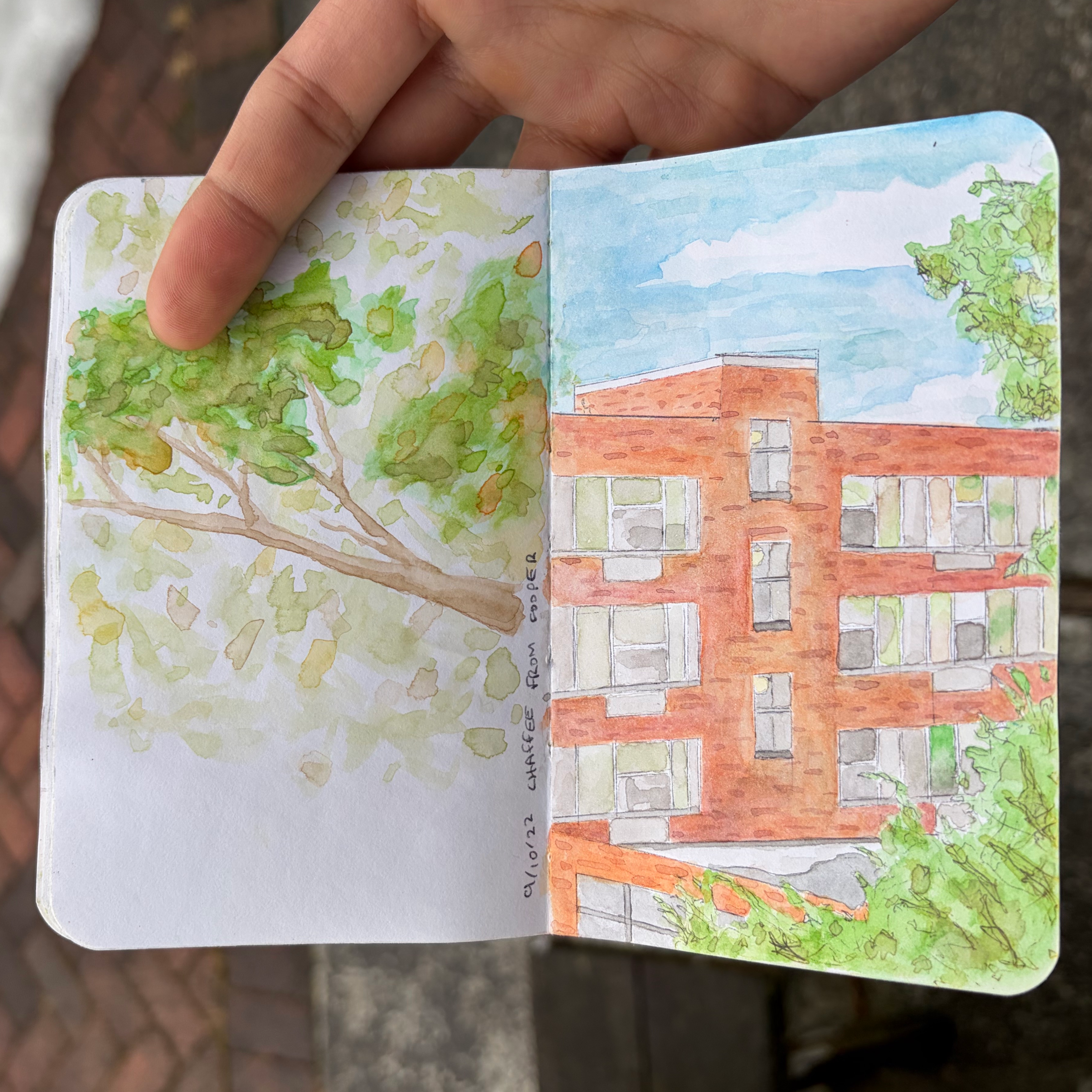 Travel book page showing Chaffee Hall