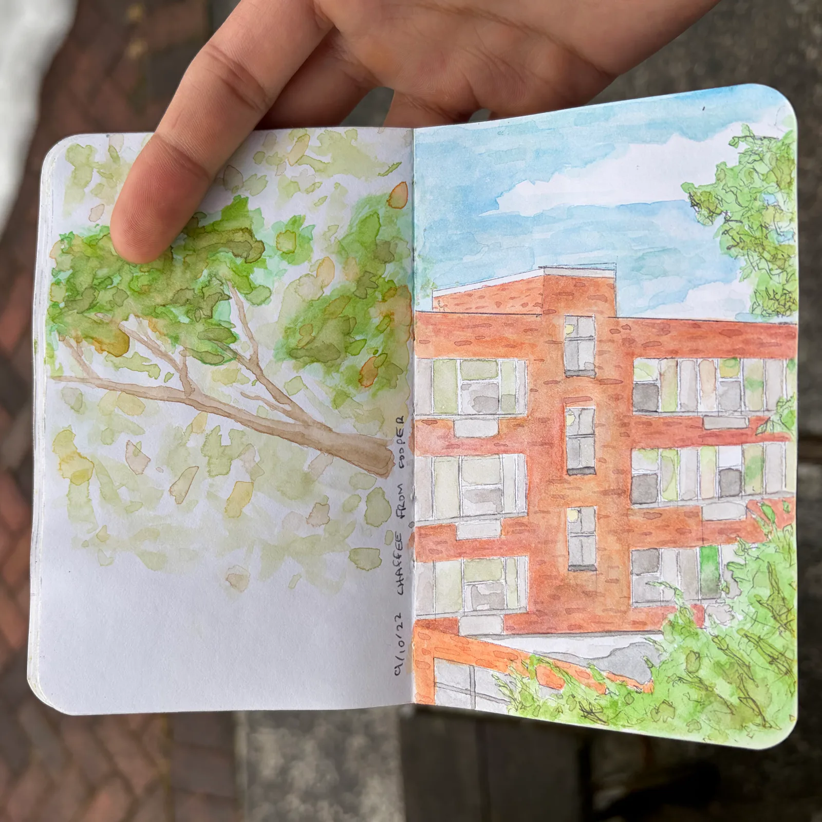 Travel book page showing Chaffee Hall