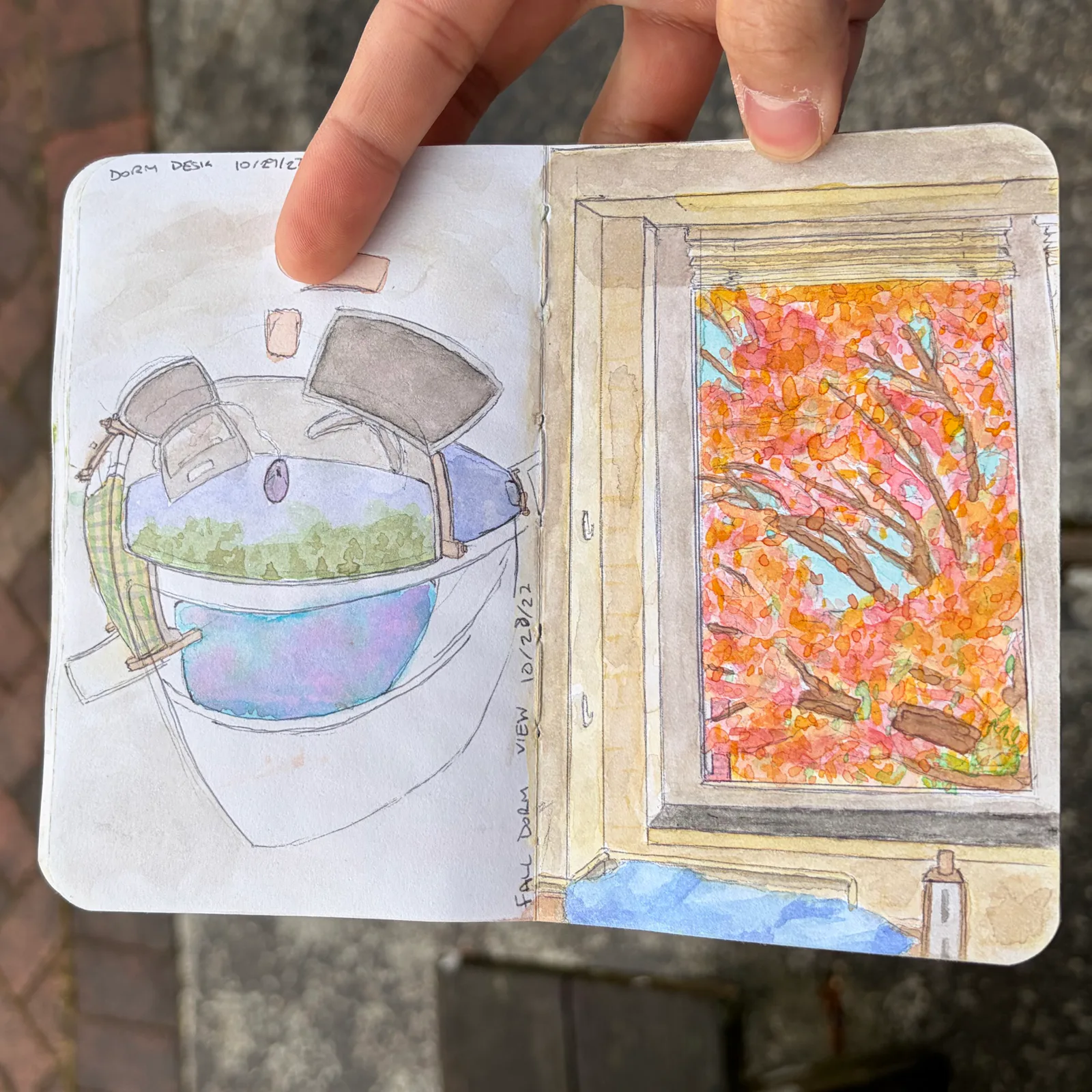 Travel book page showing a dorm room