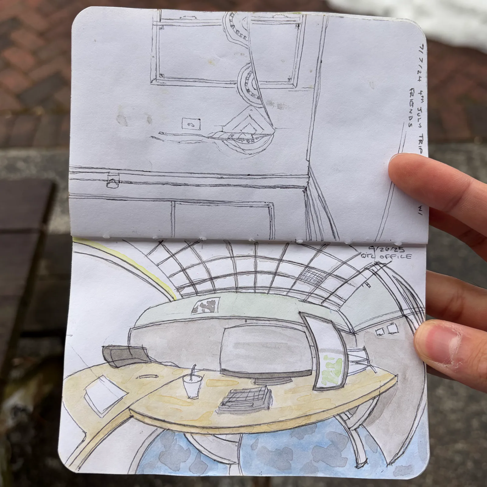 Travel book page showing an office