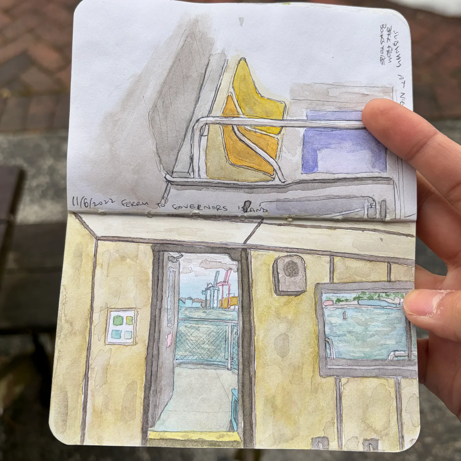 Travel book page drawn on a ferry