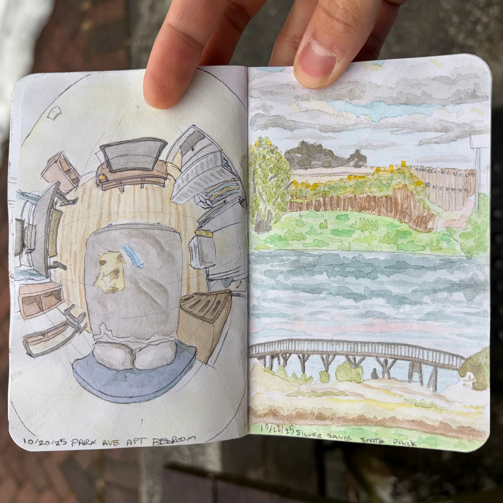 Travel book page showing a bedroom and park