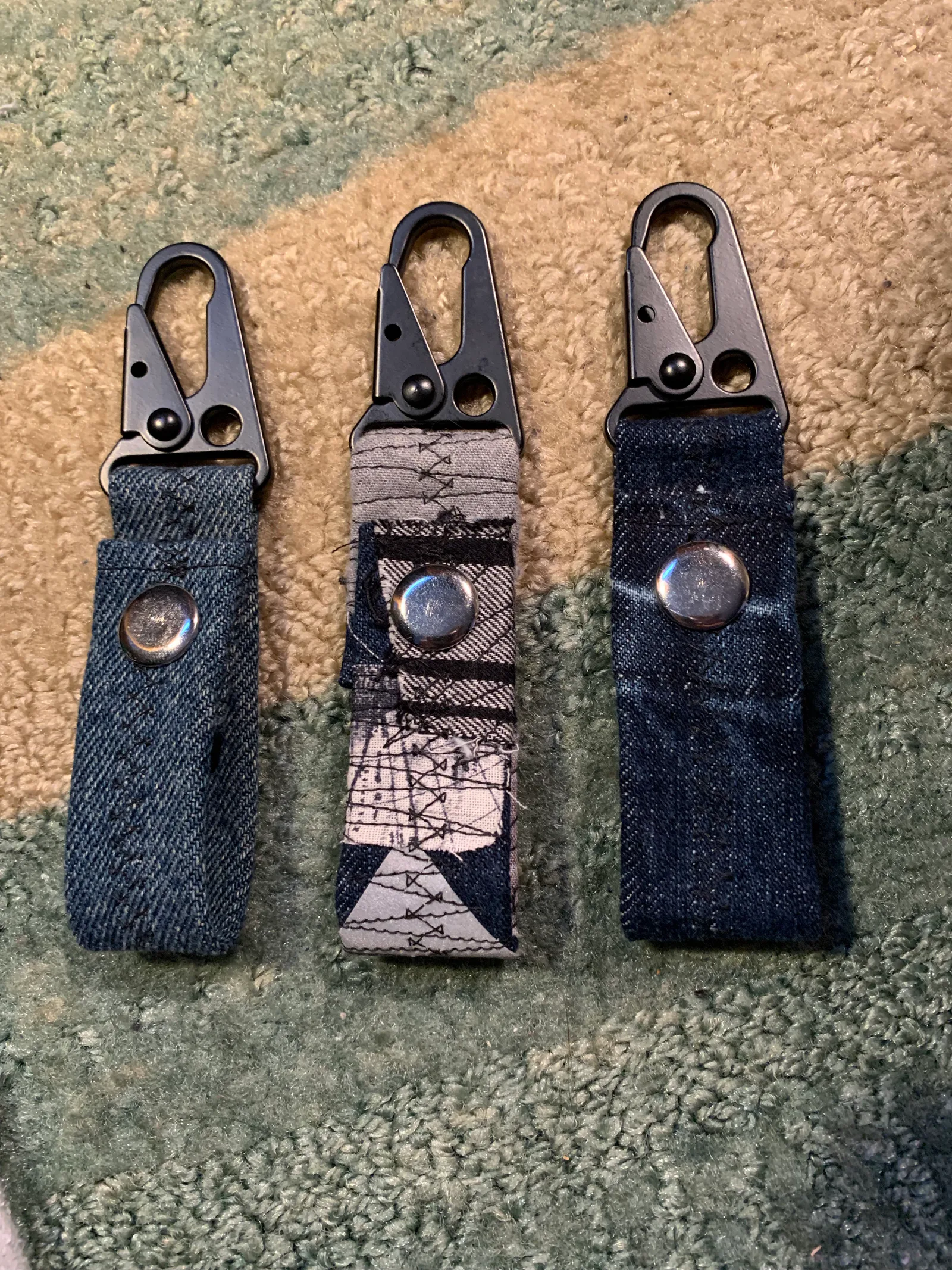 Denim and patchwork sewn keychains